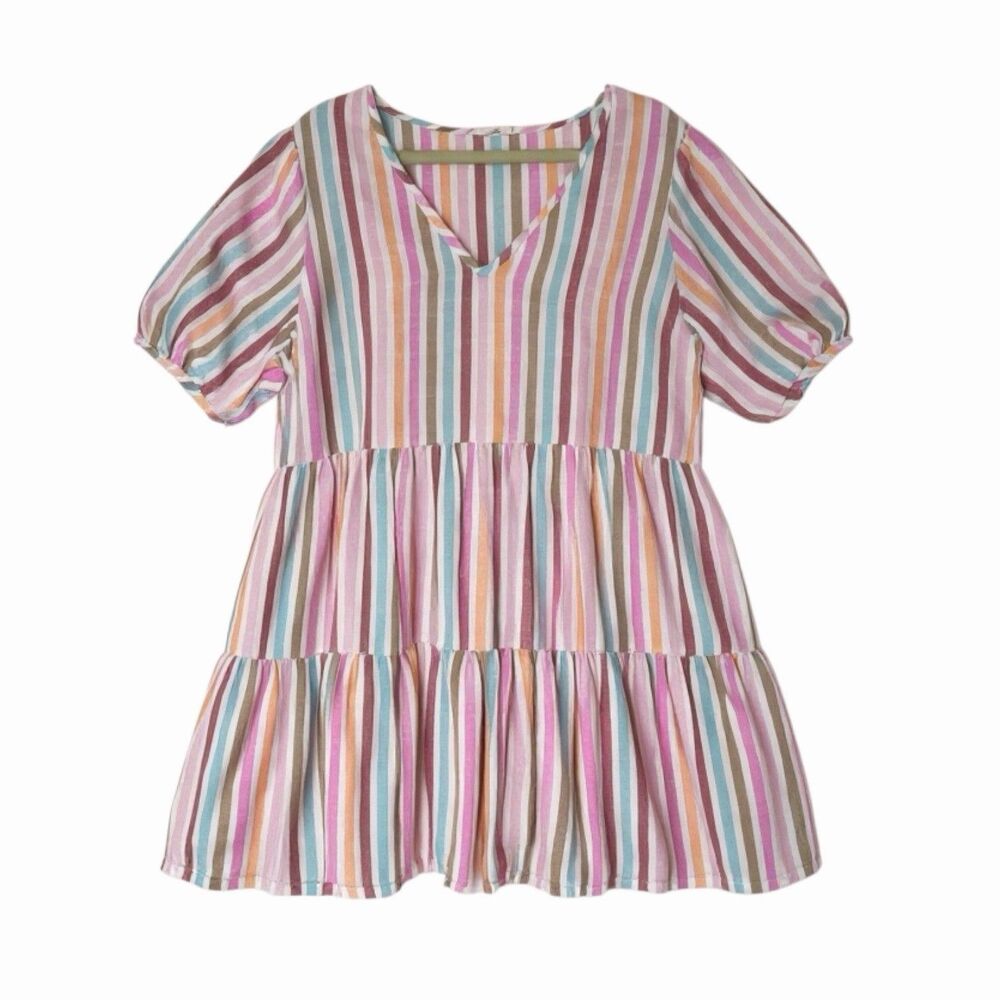 Ana Puff Sleeve Tiered Babydoll Dress Summer Spring Woven Stripe XL bv
